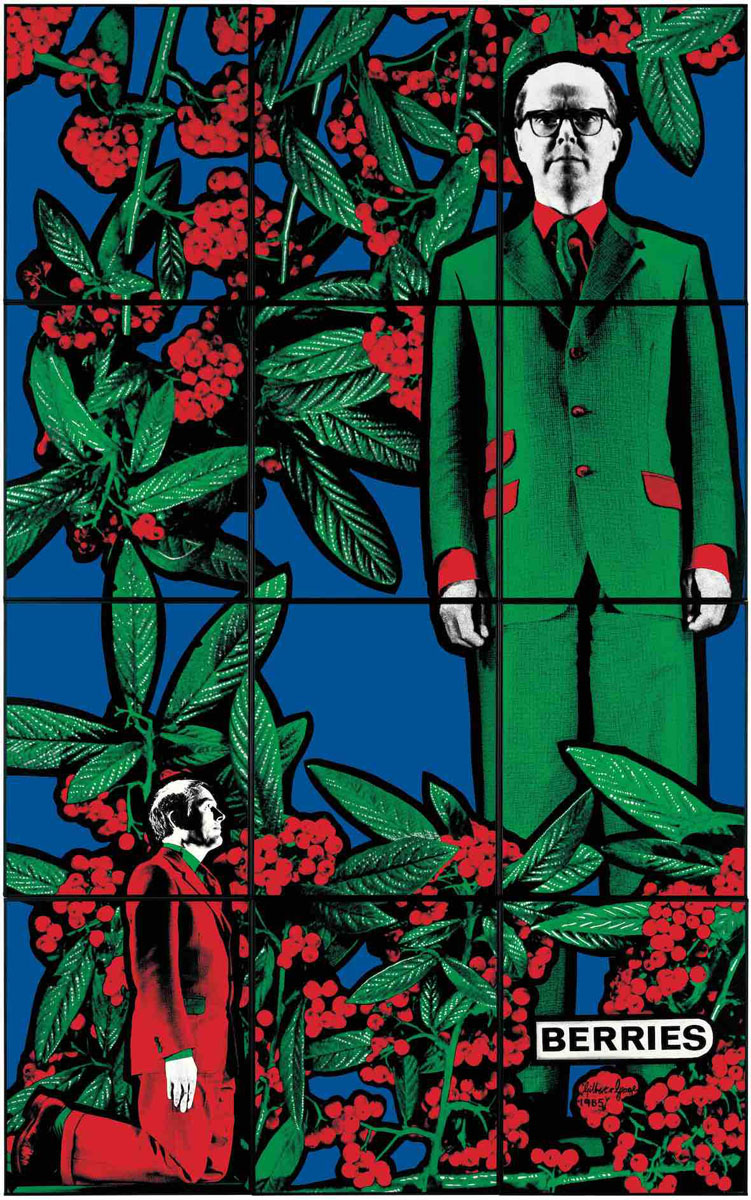 Gilbert & George, BERRIES, 1985, 12 panels, 241 x 150 cm. Courtesy of Antonio Homem and The Sonnabend Collection Foundation. u00a9 Gilbert & George