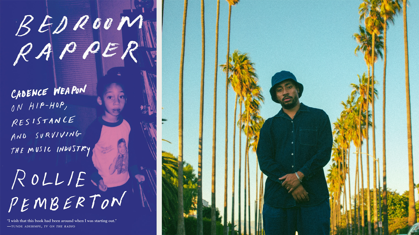Two images are displayed: the Bedroom Rapper book cover and a photo of Cadence Weapon surrounded by palm trees.