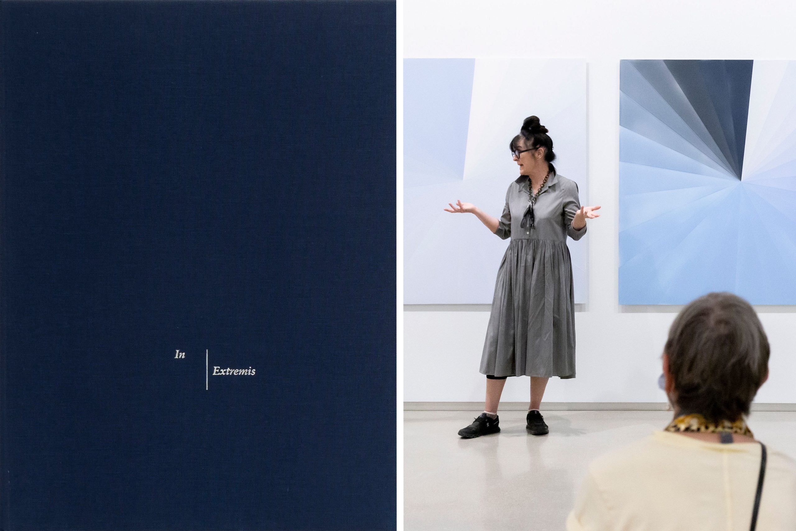 Left: In Extremis book cover. Right: Artist Marie Lannoo speaks in front of her paintings at an exhibition opening.