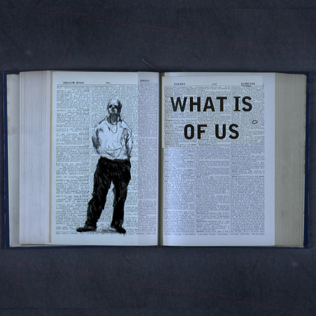 An image of an open book with a printed illustration of a man on the left page