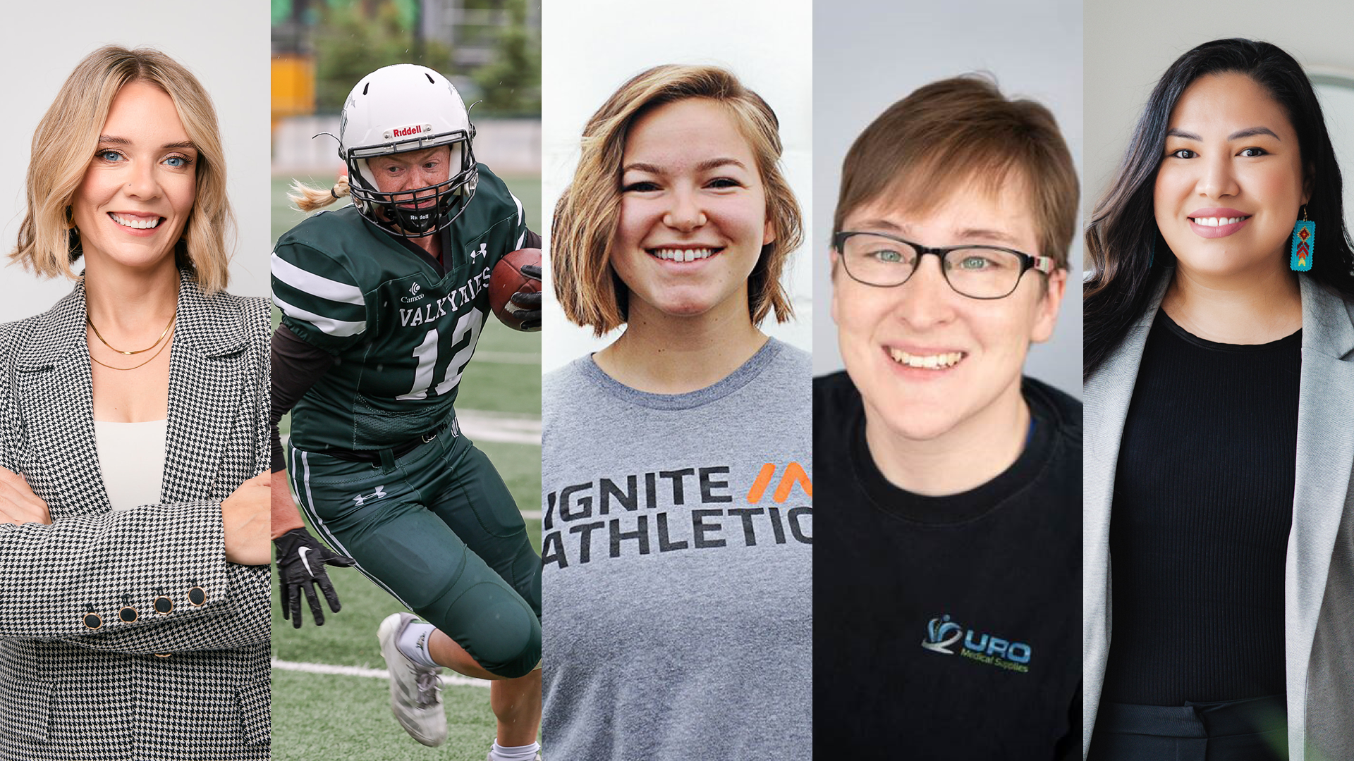 A collage of five women representing diverse roles in sports and fitness.