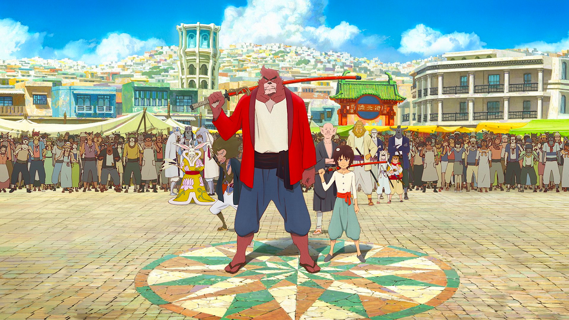 A large, red-cloaked beast warrior and a young boy stand confidently side by side in a colourful town square, each holding wooden swords over their shoulders. A diverse crowd of animal-like creatures and people watches them in the background, with buildings and hills under a bright blue sky.