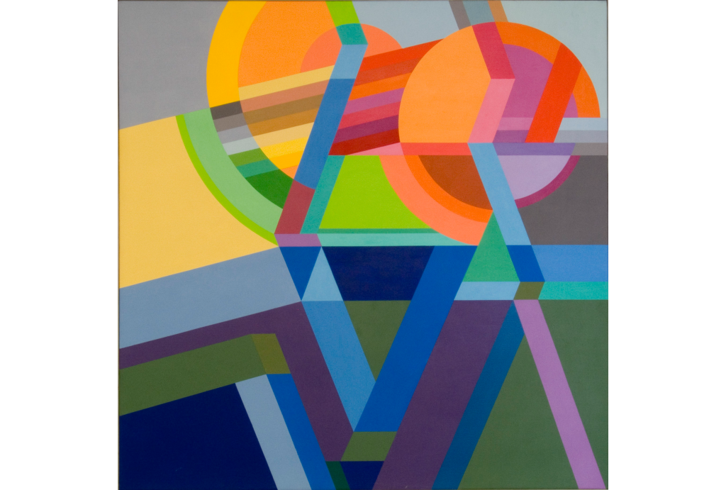 Abstract geometric painting featuring overlapping circles, triangles, and angular shapes in vibrant colors, including orange, yellow, green, blue, purple, and pink. The composition creates a layered, three-dimensional effect with intersecting planes and bold contrasts.