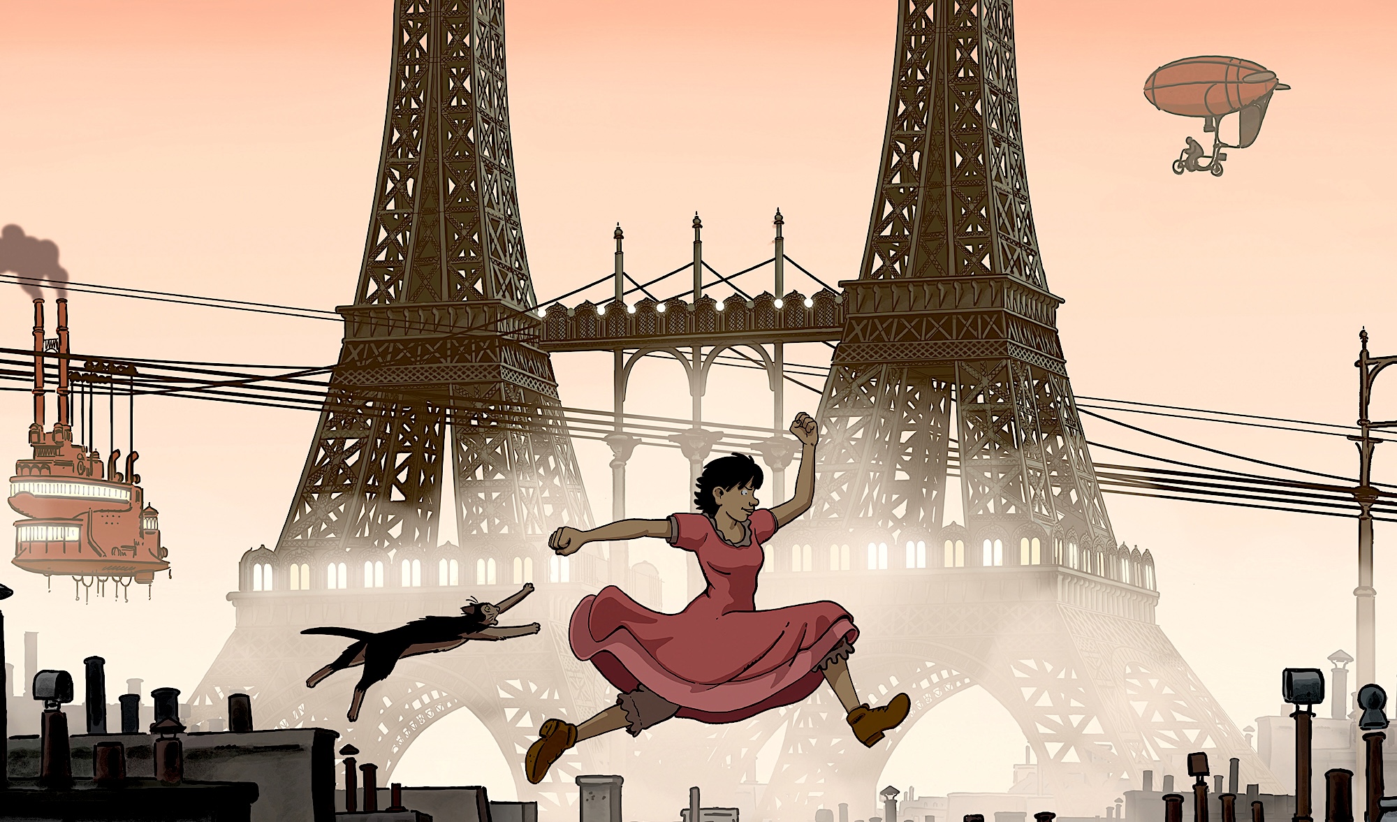 An animated scene shows a girl in a flowing red dress mid-leap across rooftops, with a cat jumping beside her. In the background, two tall, lattice-like towers connected by a bridge rise above a hazy city, while airships and industrial structures float and loom in the sky, giving the setting a retro-futuristic feel.