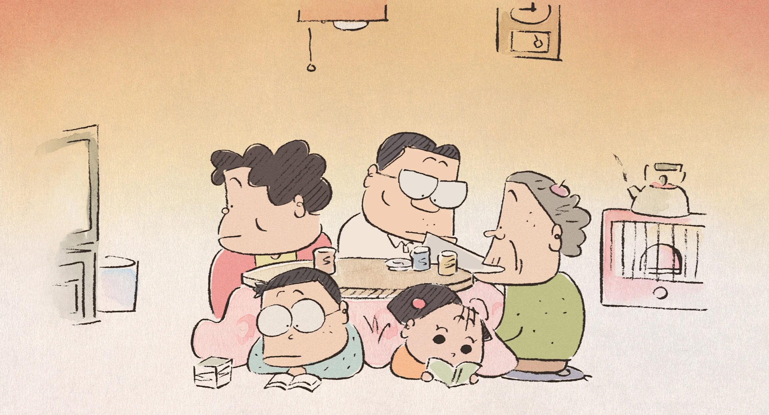A warm, softly colored animated illustration of a multigenerational family gathered around a low table in a cozy home. Two adults and an elderly woman sit at the table with small cups, while two children lie on the floor reading books. A television set is visible on the left, a clock on the wall, and a rice cooker on the right, evoking a quiet, everyday domestic scene.