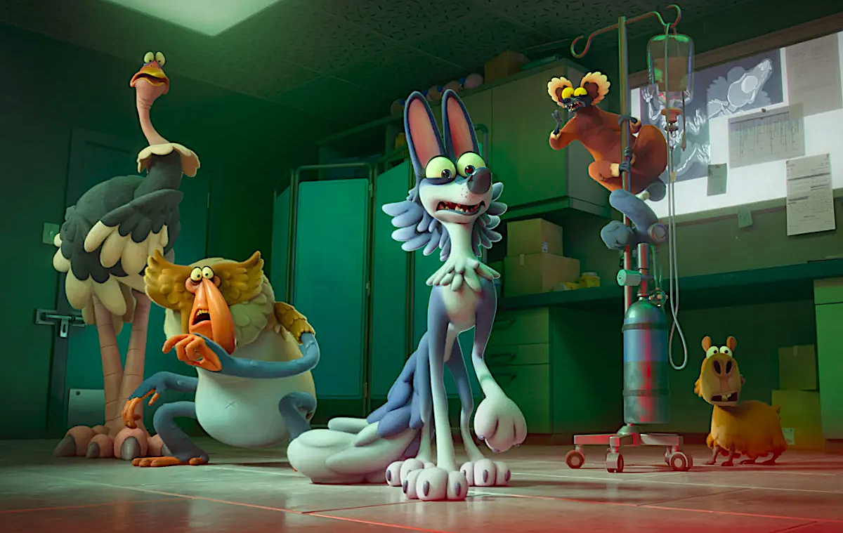 Animated animals with exaggerated expressions gather in a dim, green-lit clinical room: a wide-eyed rabbit stands center, while an ostrich, a bird, a small dog, and a lemur react around medical equipment and an IV stand.