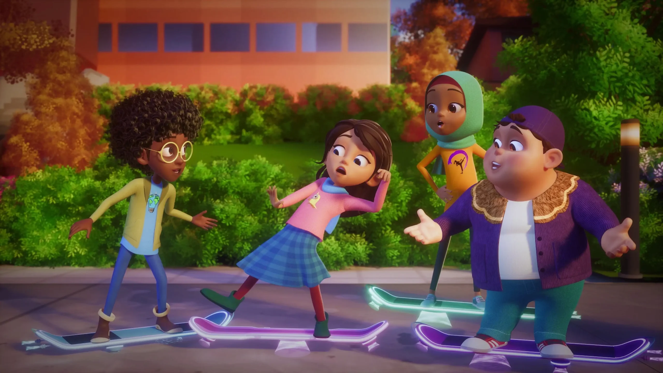 Four animated children stand on glowing hoverboards on a suburban sidewalk, all looking surprised or startled. The group includes a child with curly hair and round glasses in a yellow jacket, a girl in a pink top and plaid skirt, a child wearing a green hijab and yellow t-shirt, and a boy in a purple cardigan.