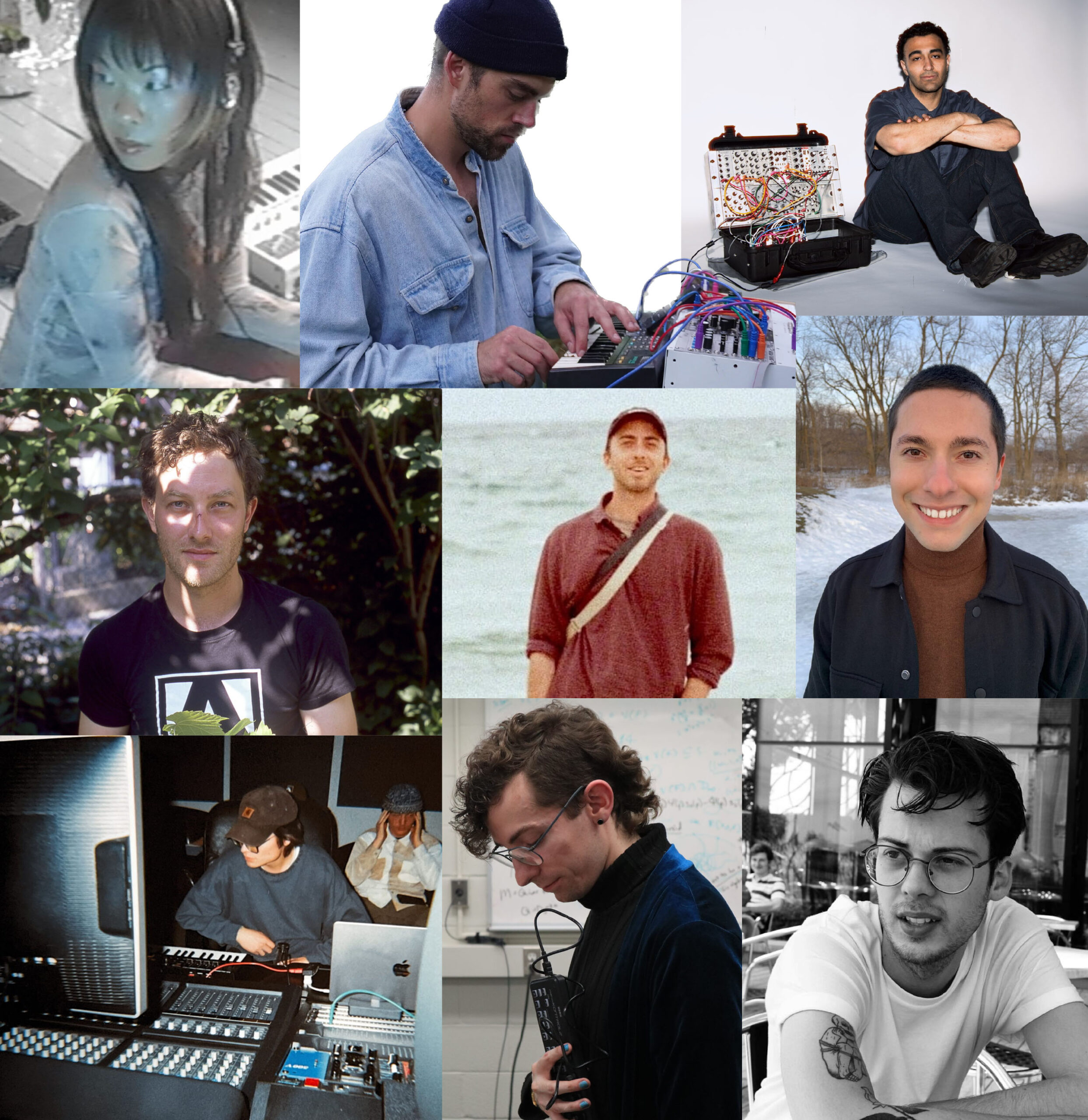 A grid of artist portraits shot in medium length in colour and in black and white