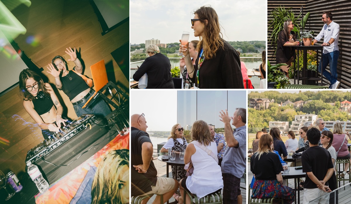 A collage of five photos from Happy Hour at the Museum at Remai Modern. Top left: a DJ performs behind decks under colourful lights. Top centre: a guest holds a cocktail on the rooftop patio with the South Saskatchewan River in the background. Top right: two guests chat over drinks beside plants and wooden patio screens. Bottom left: a group of guests laugh and socialize around a high-top table on the rooftop with river views. Bottom right: a crowd mingles at tables on the patio overlooking Saskatoon's tree-lined riverbank.