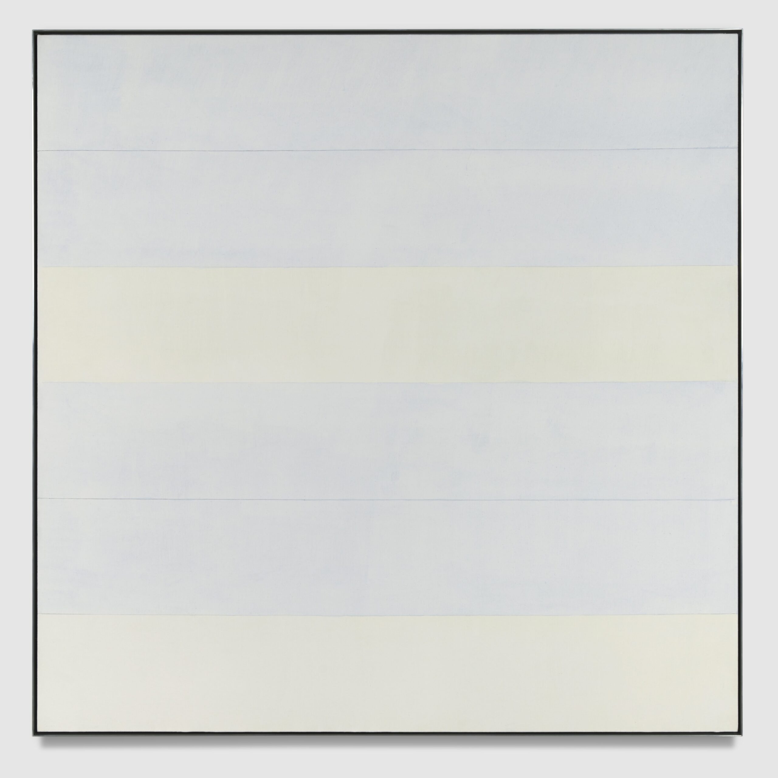 A photo of a painting consisting of lavender-blue and soft yellow bands of colour.