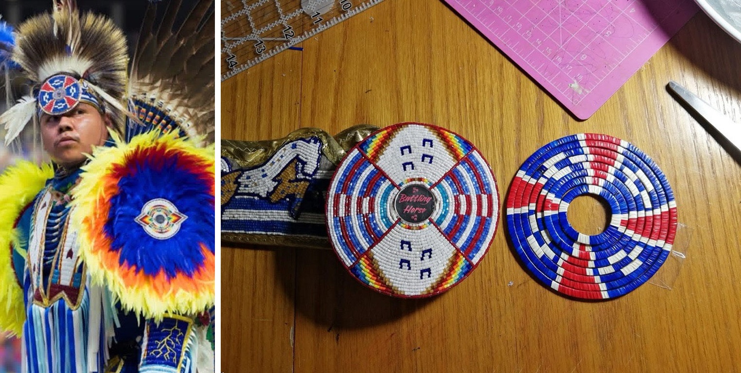 Dyson Brown quillwork 1 Left: A dancer in full regimentals powwow regalia, including a feathered bustle in yellow, orange, and blue, and a beaded rosette headpiece. Right: Two circular beaded and quillwork rosettes on a wood surface — one complete disc with a four-directions design in red, white, blue, yellow, and teal with a branded centre medallion reading "Battling Horse," and one ring-shaped piece in red, white, and blue.