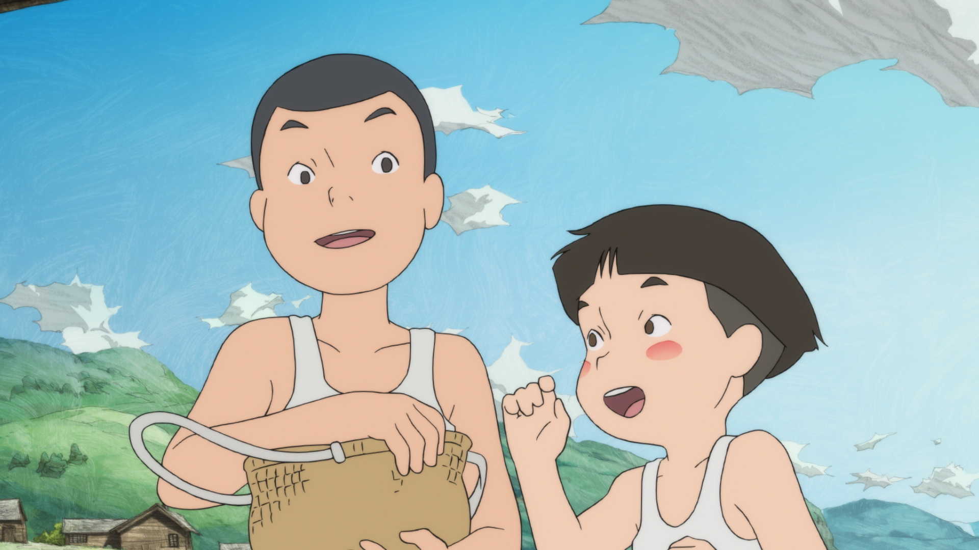 Two animated children in white tank tops chat outdoors under a bright blue sky, with rolling hills and small houses in the background.