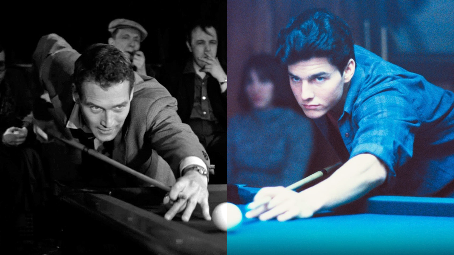 A split-screen image shows two pool players leaning over a billiards table to take a shot, one in a black-and-white scene and the other in color, both focused on the cue ball.